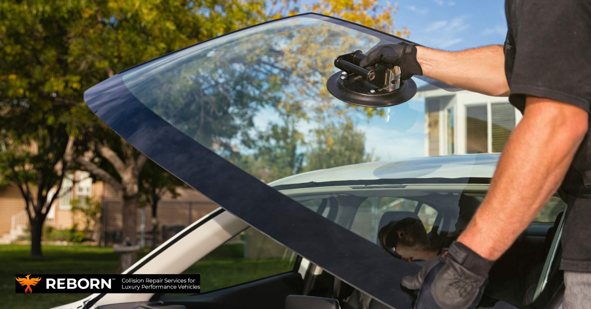 A professional installing a windshield glass